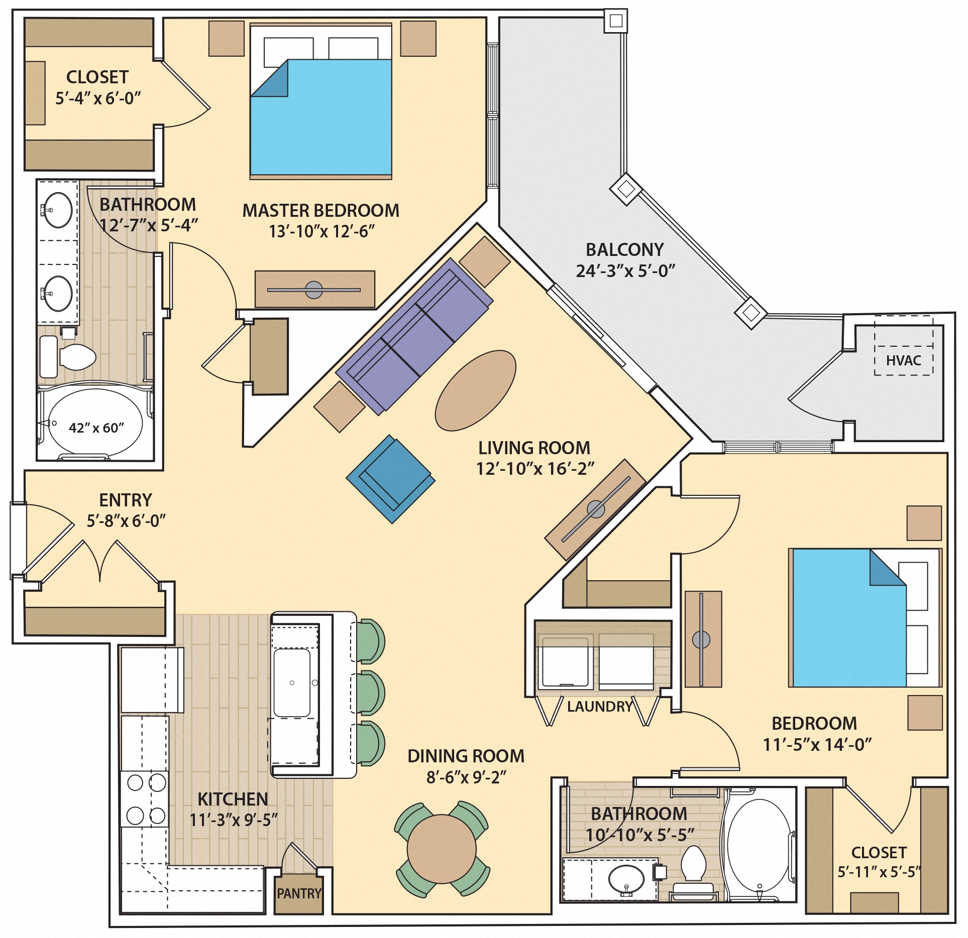 Floor plan for 2 beds, 2 baths, 1460 sqft